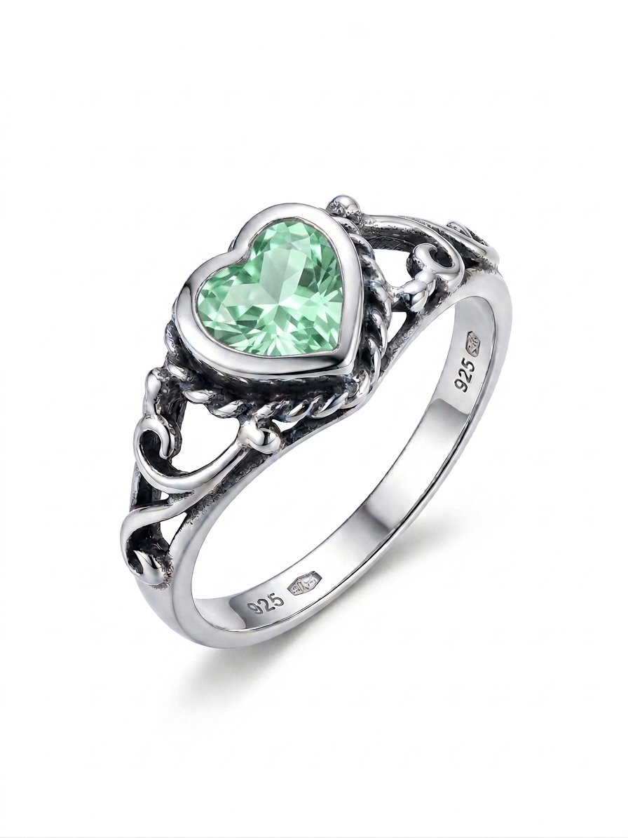 Heart Shaped Filigree with Green Cubic Zirconia 925 Sterling 