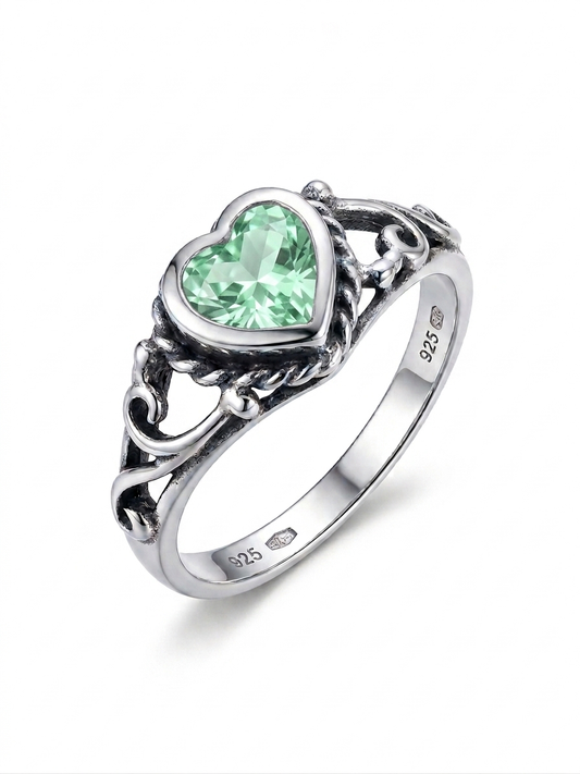 Heart Shaped Filigree with Green Cubic Zirconia 925 Sterling 