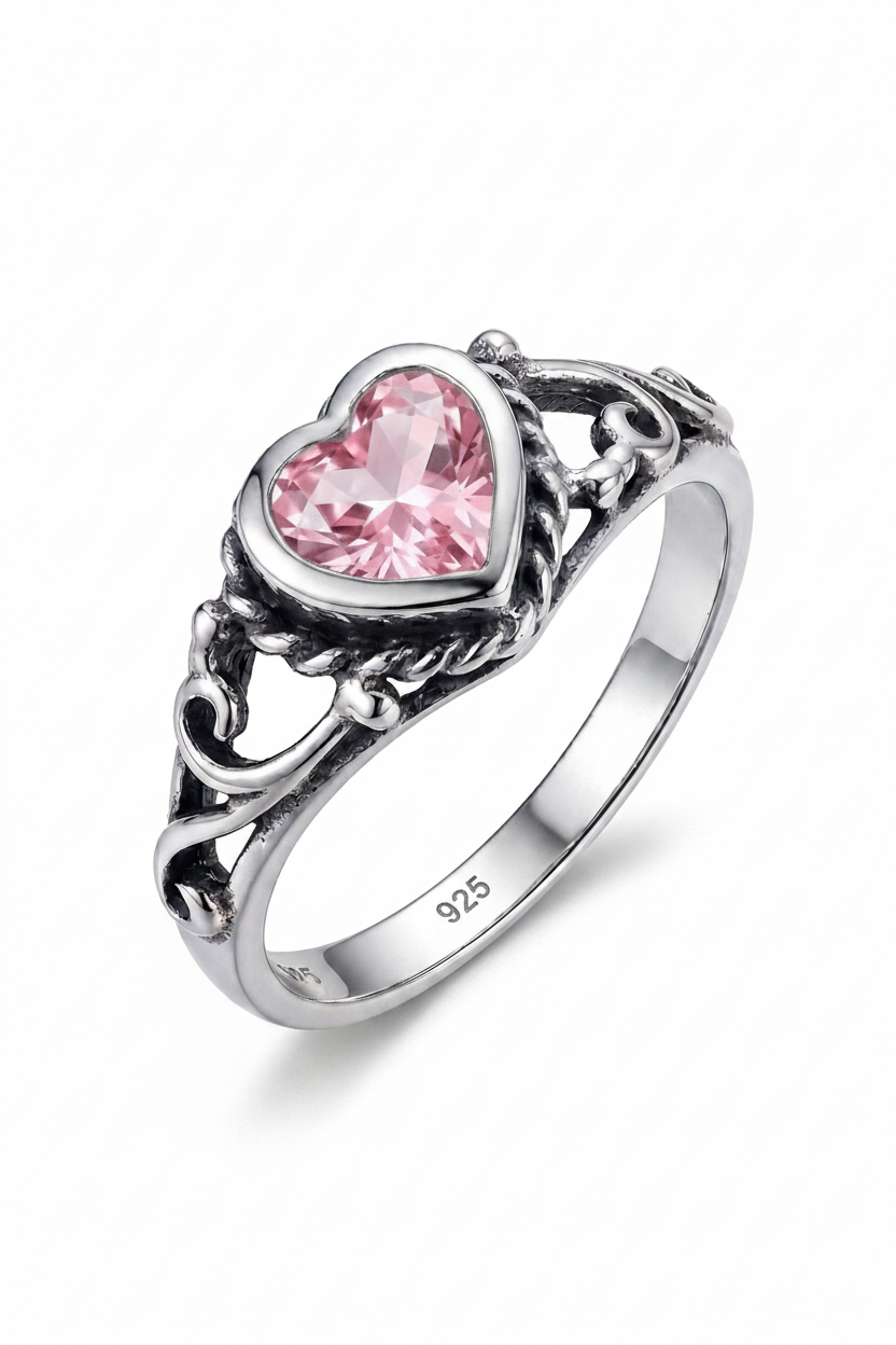 Heart Shaped Filigree with Pink Cubic Zirconia 925 Sterling Silver Ring