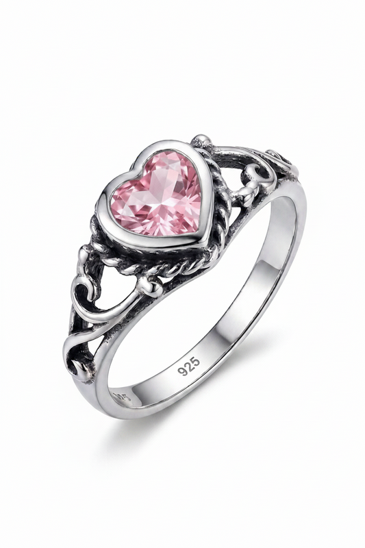 Heart Shaped Filigree with Pink Cubic Zirconia 925 Sterling Silver Ring