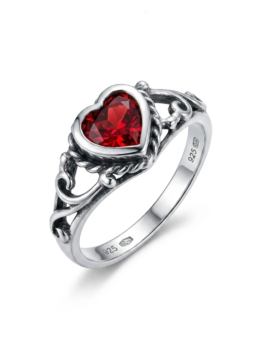 Heart Shaped Filigree with Red Cubic Zirconia 925 Sterling Silver Ring
