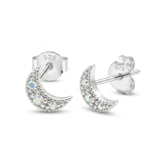 925 Sterling Silver Half Moon Stud Earrings with Cubic Zirconia Stones
