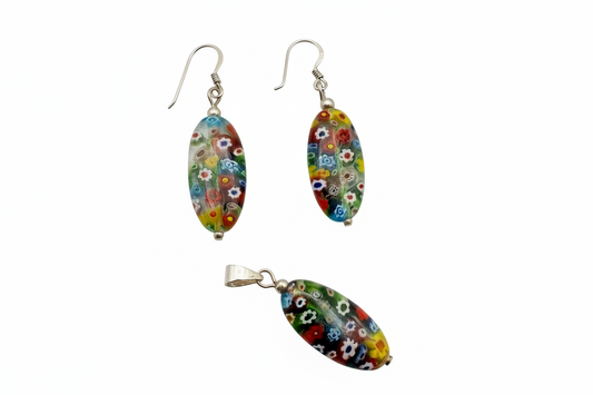 Long oval shape 925 Silver Earrings and matching pendant set with Millefiori Glass