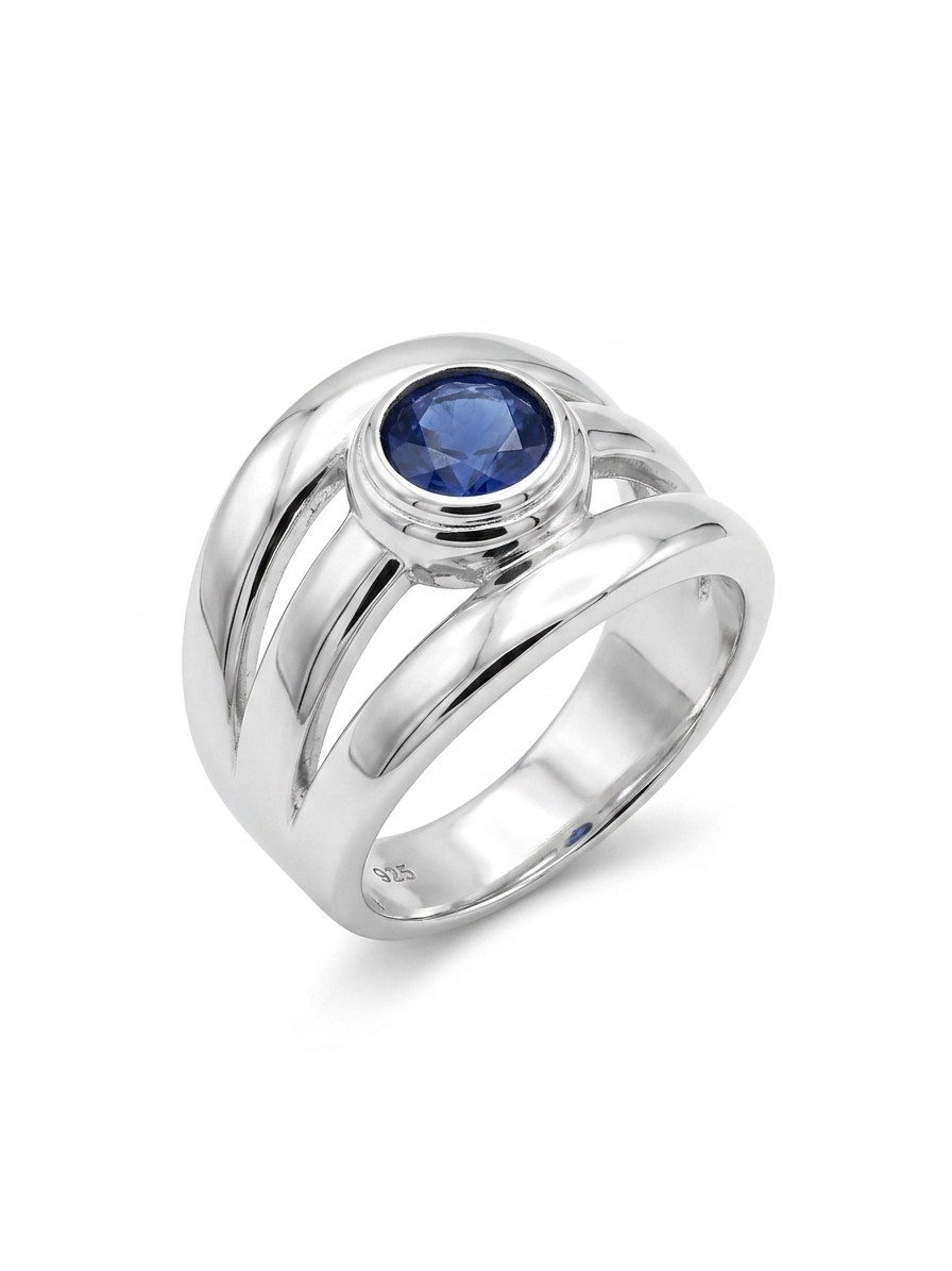 Lab Sapphire Bezel-Set  925 Sterling Silver Cocktail Ring