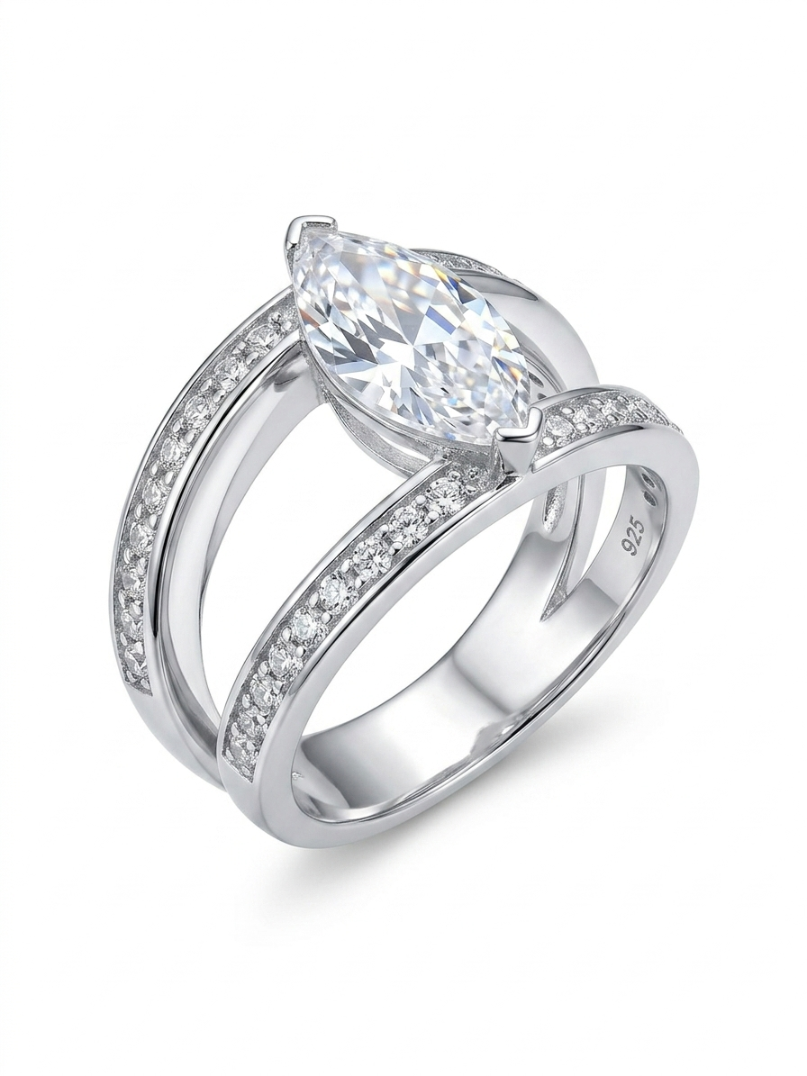 Marquise-Cut 925 Sterling Silver Bypass Statement Ring