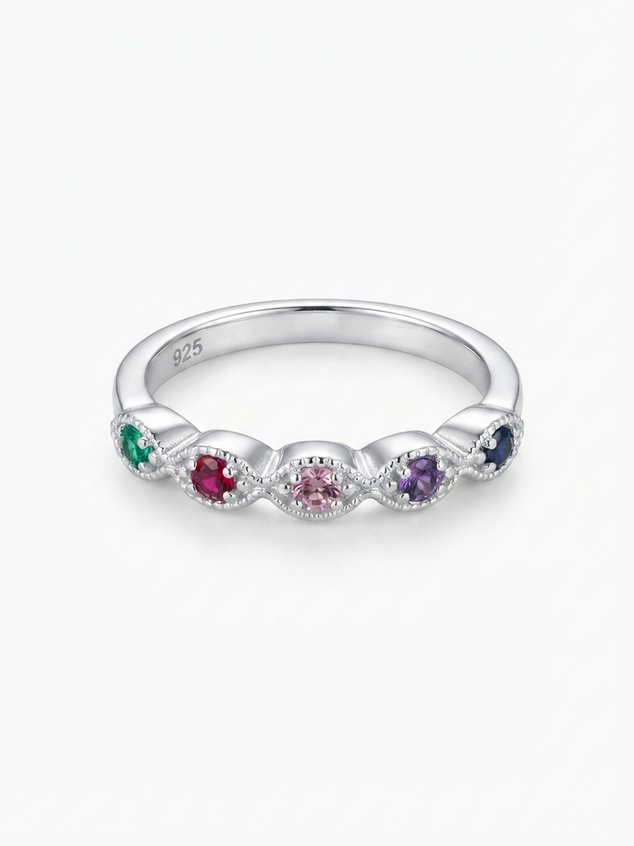 Milgrain Multi-Gemstone Five-Stone 925 Sterling Silver Ring