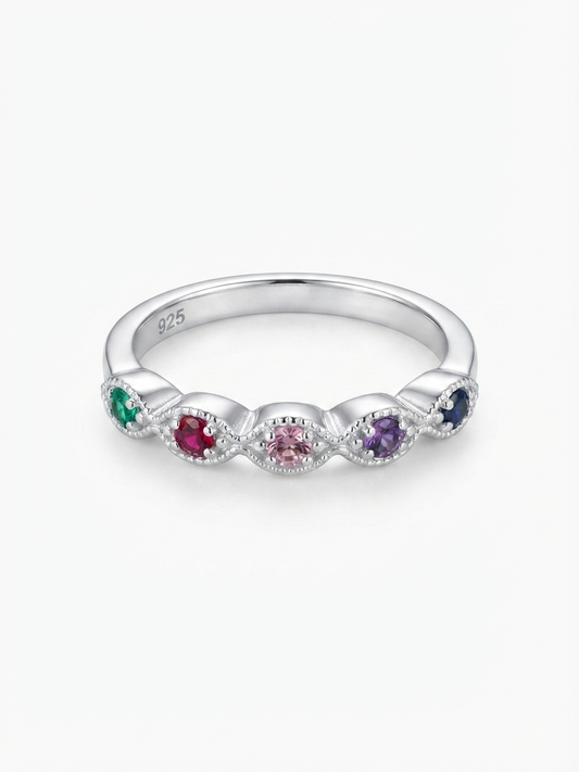 Milgrain Multi-Gemstone Five-Stone 925 Sterling Silver Ring