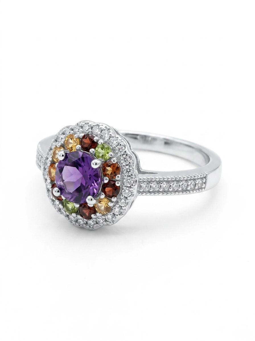 Multi-Gemstone Halo 925 Sterling Silver Ring