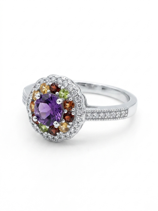 Multi-Gemstone Halo 925 Sterling Silver Ring