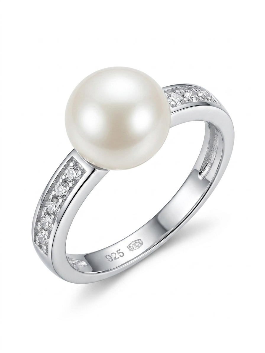 Pave-Set Fresh Pearl 925 Sterling Silver Ring