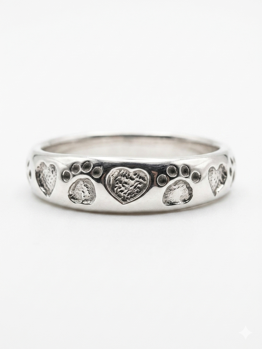 Paw Print & Heart Sentiment 925 Sterling Silver Ring