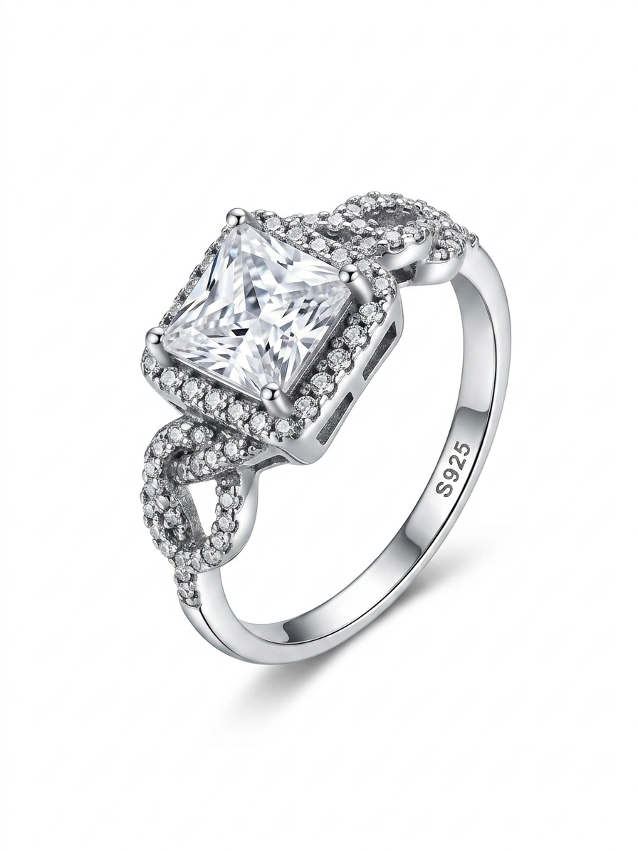 Princess-Cut 925 Sterling Silver Ring with Twisted Shank