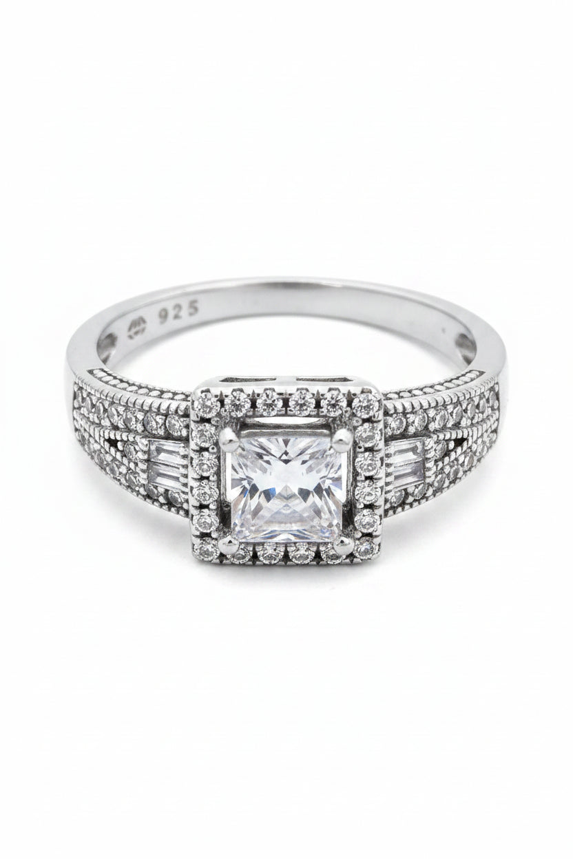 Princess-Cut Halo 925 Sterling Silver Ring with Baguette Accents
