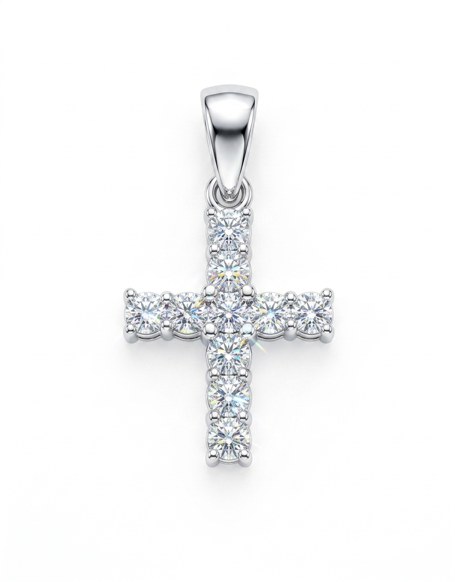 Silver cross shared prong pendant with cubic zirconia stones