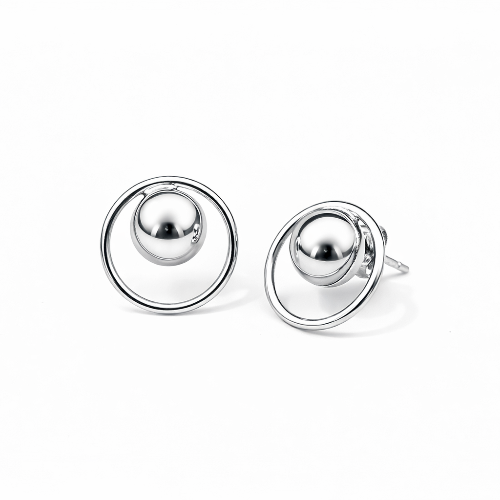 Silver hoop earrings with a central sphere 