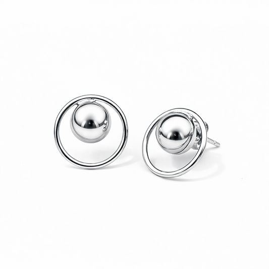 Silver hoop earrings with a central sphere 