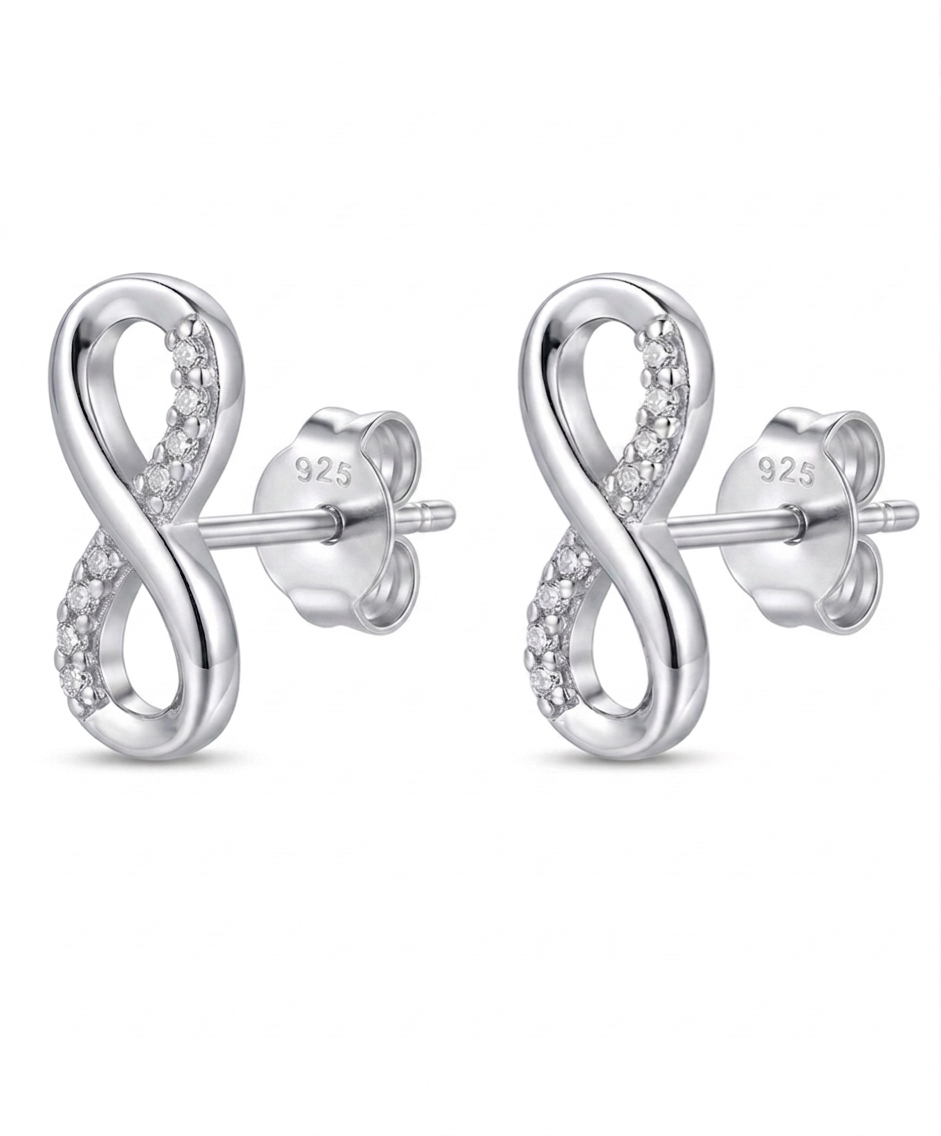 Silver infinity-shaped earrings with clear stones 