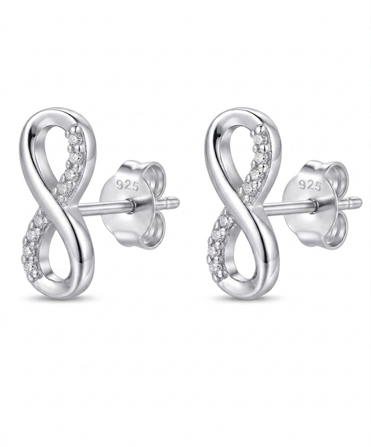 Silver infinity-shaped earrings with clear stones 