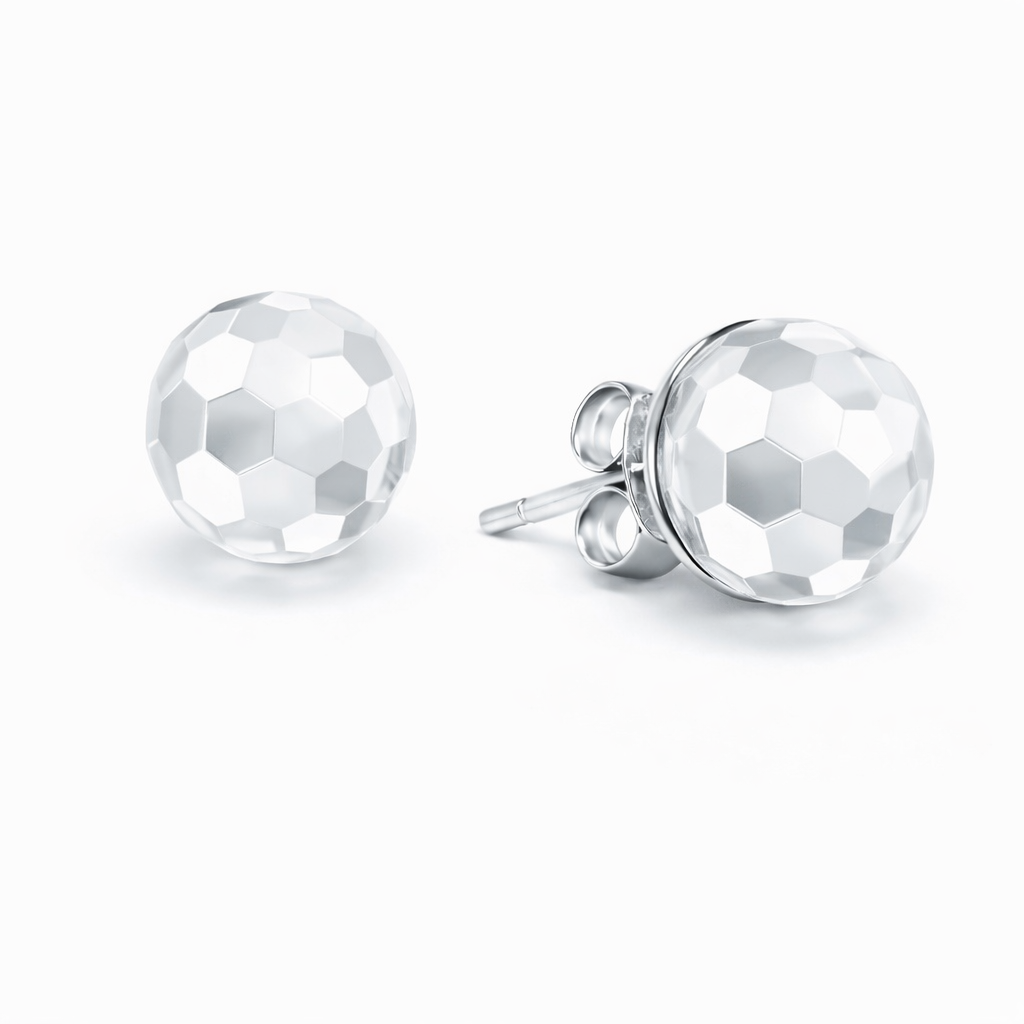 Silver stud earrings with faceted clear gemstones on a white background