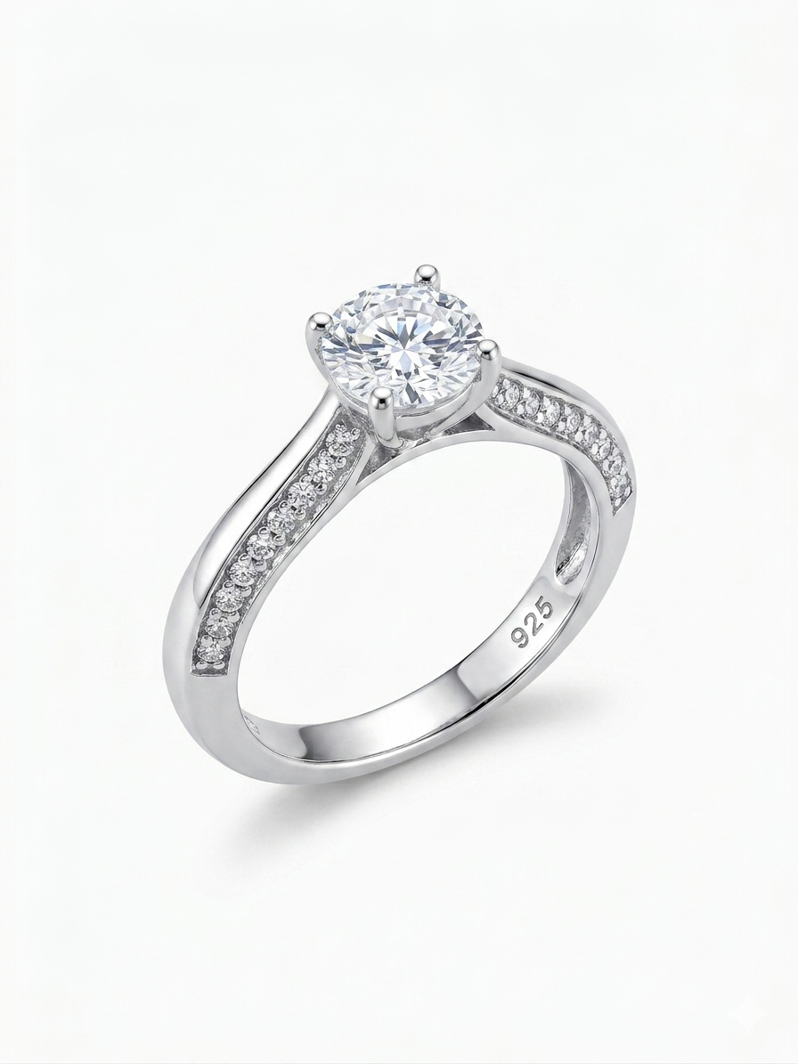 Solitaire 925 Sterling Silver Ring with Accents