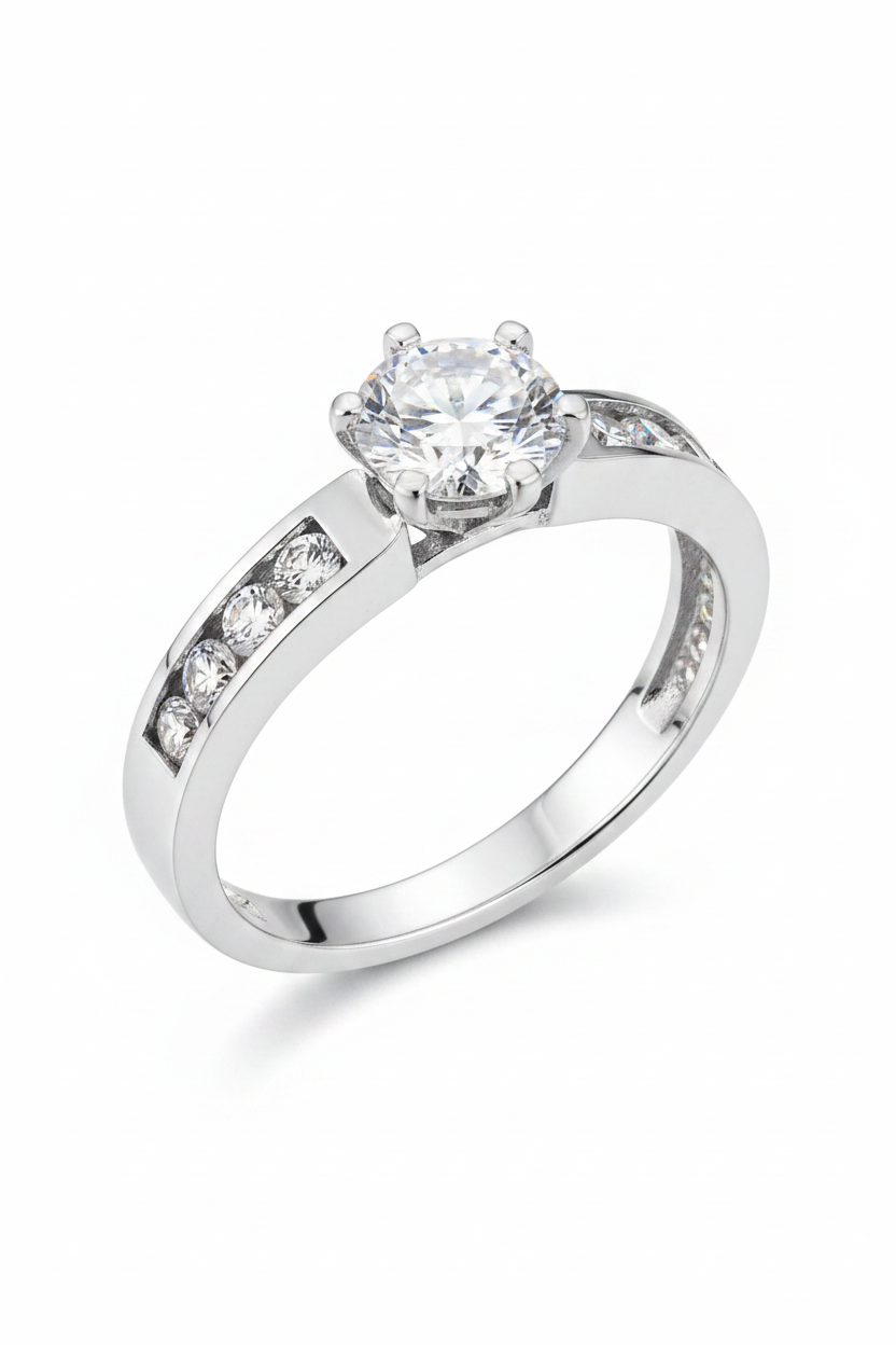 Solitaire 925 Sterling Silver Ring with Channel-Set Band