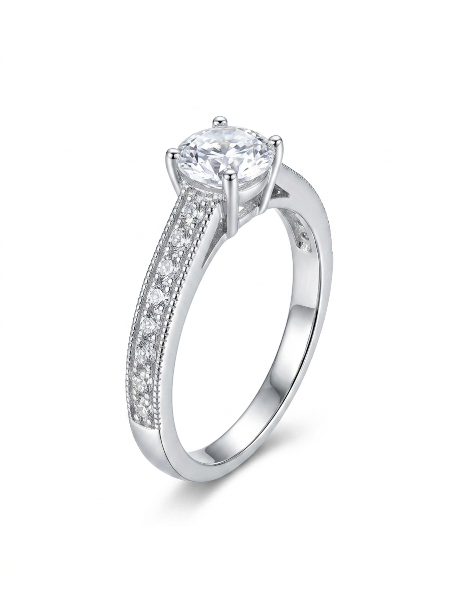 Solitaire 925 Sterling Silver Ring with Pavé Band