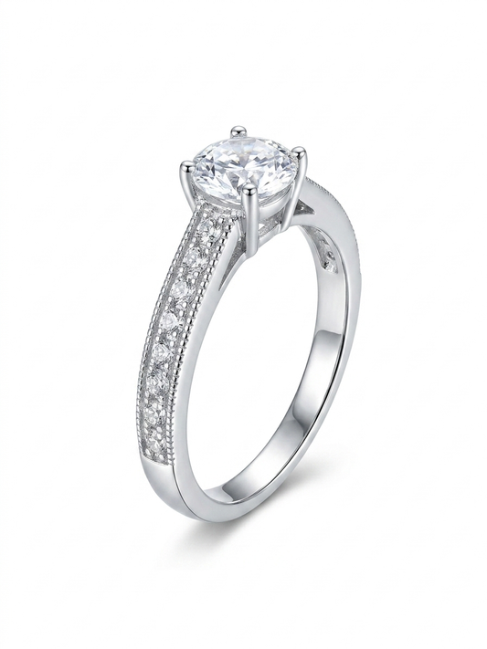 Solitaire 925 Sterling Silver Ring with Pavé Band
