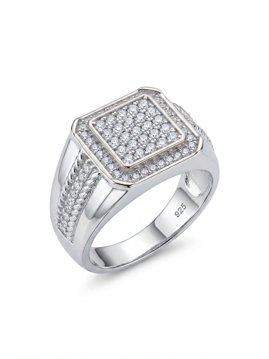 Square Pave "Iced" 925 Sterling Silver Ring