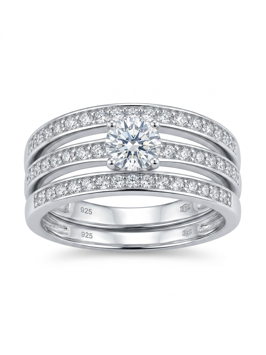Three-Row Solitaire 925 Sterling Silver Engagement Ring