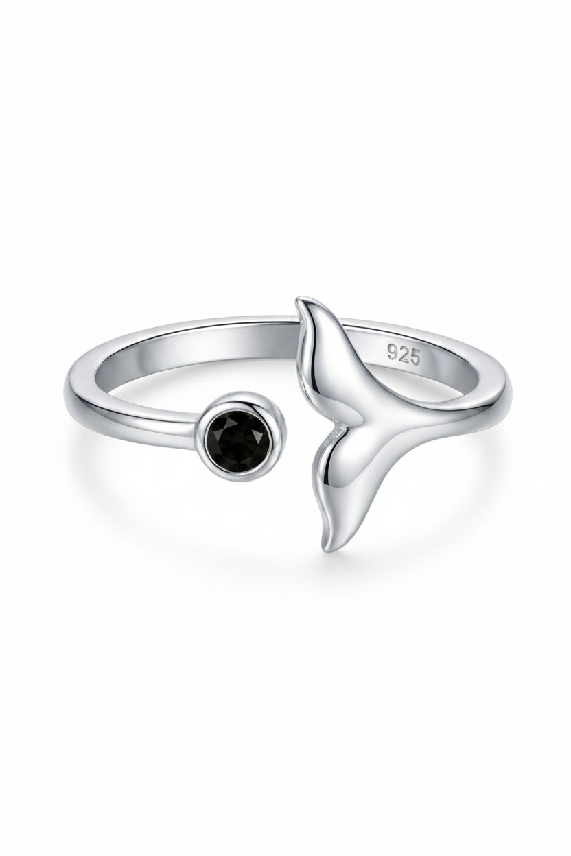Whale Tail 925 Sterling Silver Promise Ring with BlackCubic Zirconia Stone 