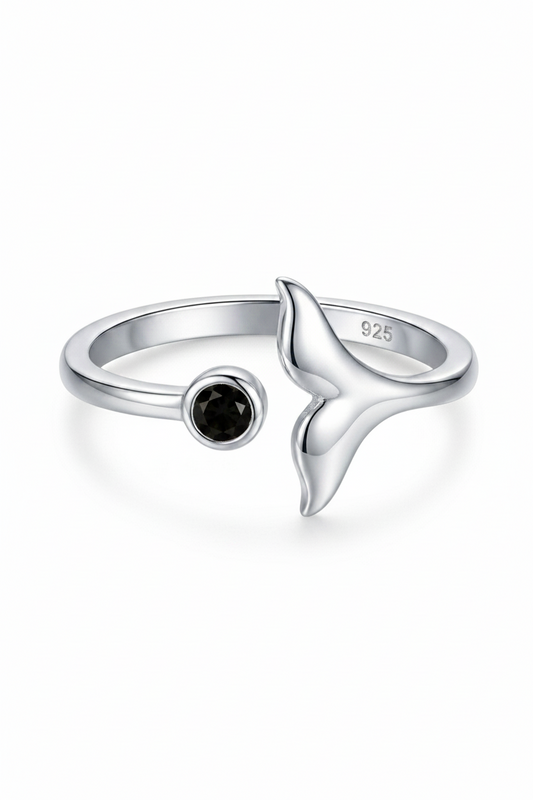 Whale Tail 925 Sterling Silver Promise Ring with BlackCubic Zirconia Stone 