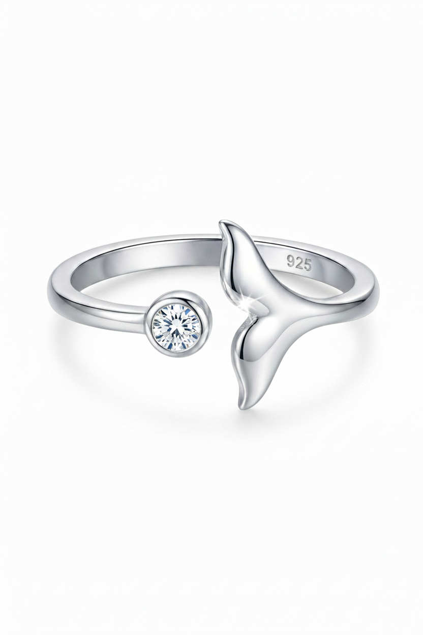 Whale Tail 925 Sterling Silver Promise Ring with Cubic Zirconia Stone