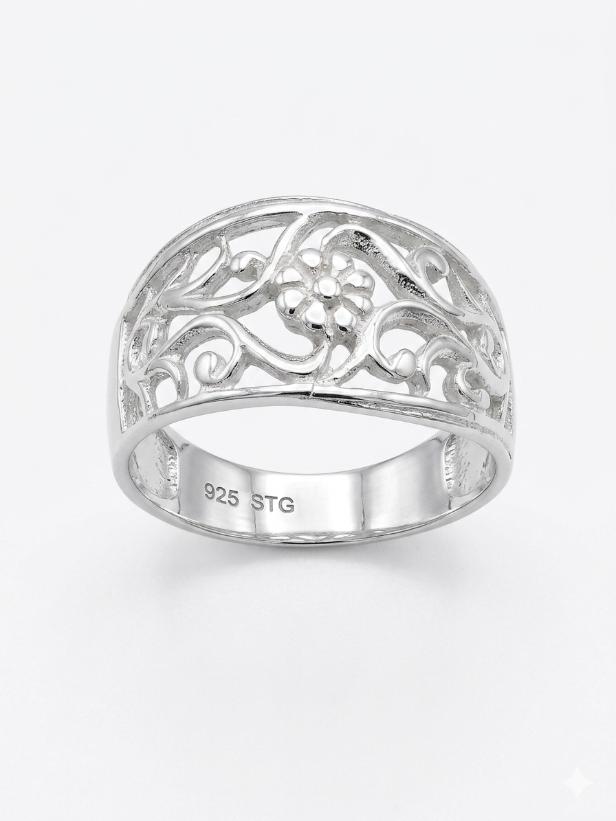 Wide Band Filigree 925 Sterling Silver Ring