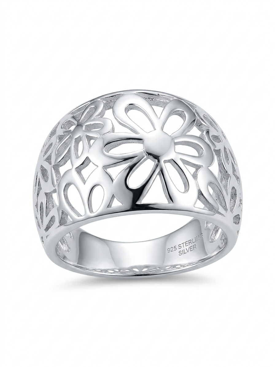 Wide Band Floral Cutout 925 Sterling Silver Ring