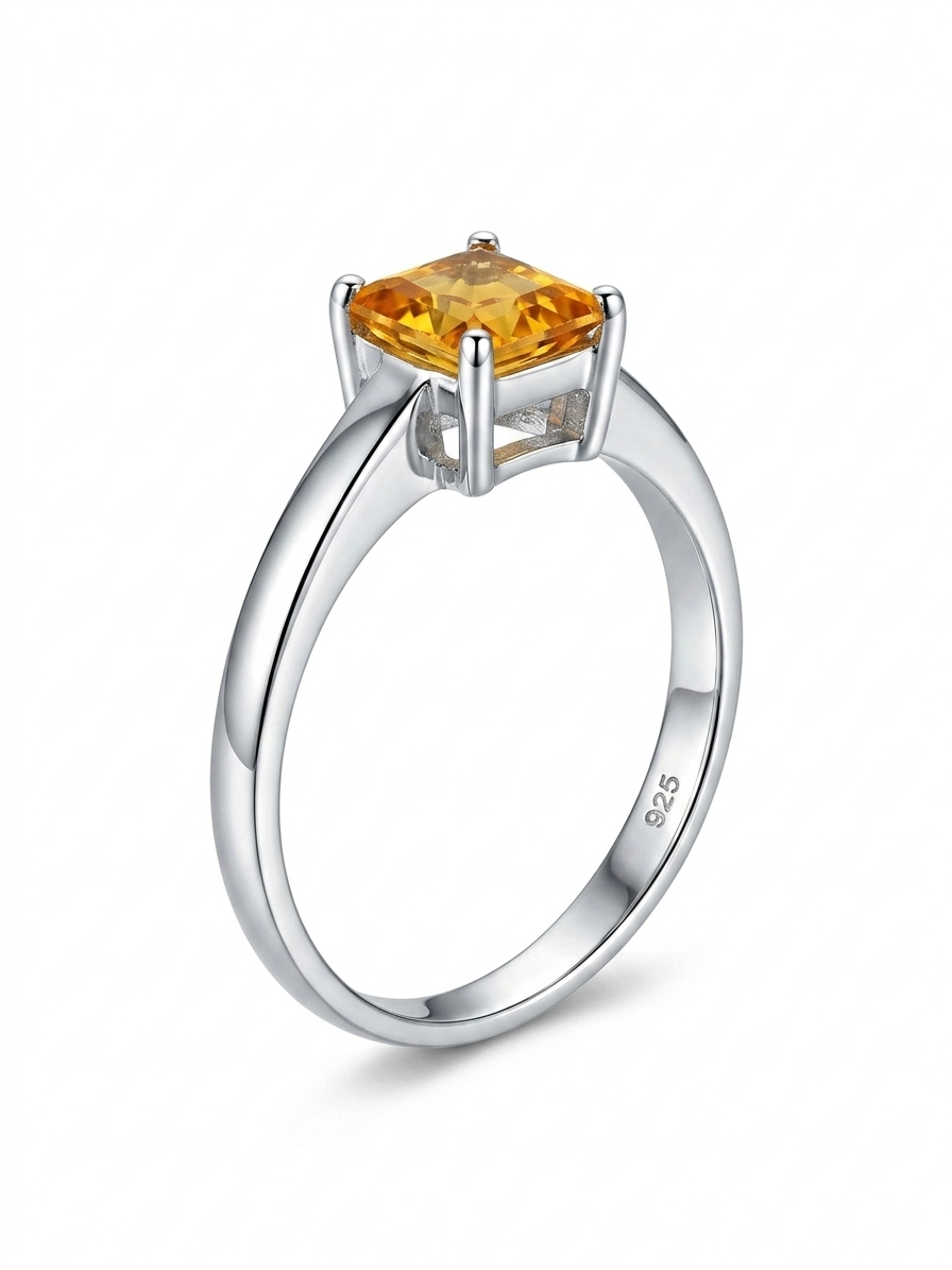 Yellow Square Cut Solitaire 925 Sterling Silver Ring 