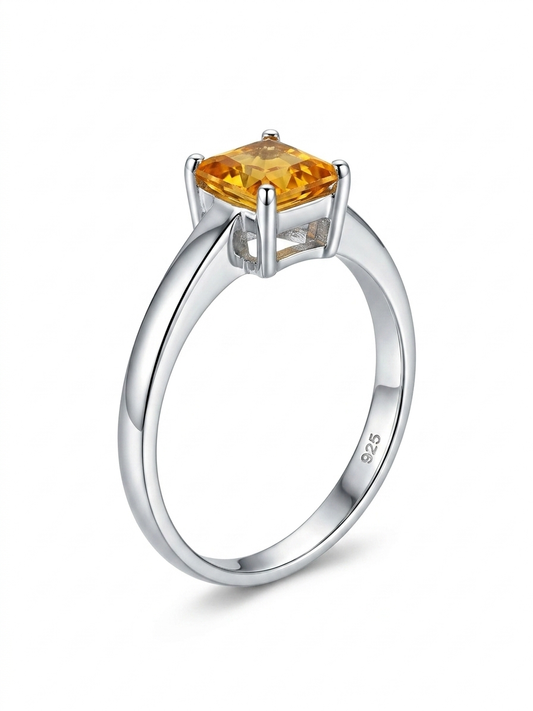 Yellow Square Cut Solitaire 925 Sterling Silver Ring 