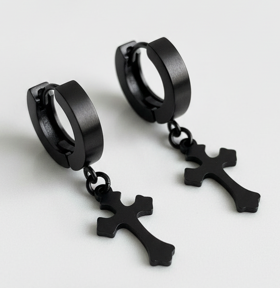 Black Cross Hoop Earrings