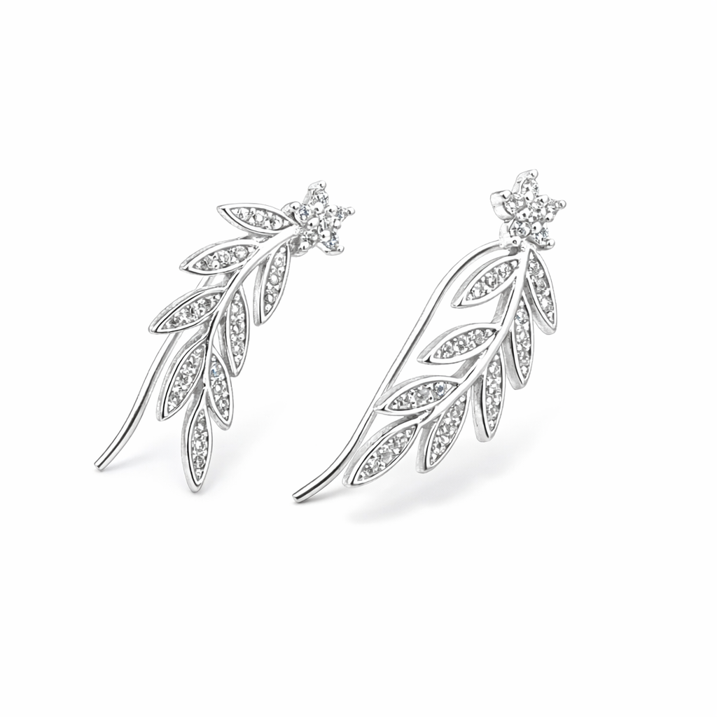 925 Sterling Silver Leaf with Cubic Zirconia Stones Earrings