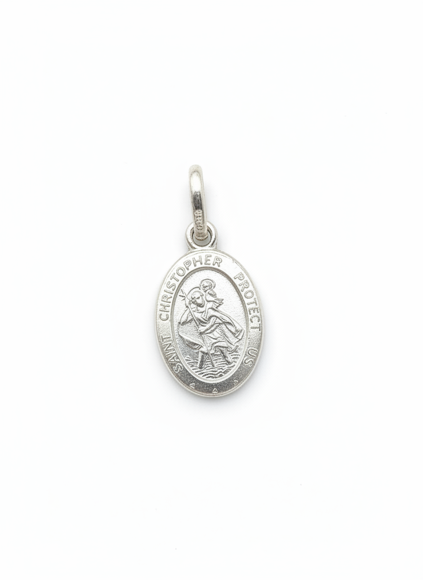 Saint Christopher Protect Us Oval Sterling Silver Pendant