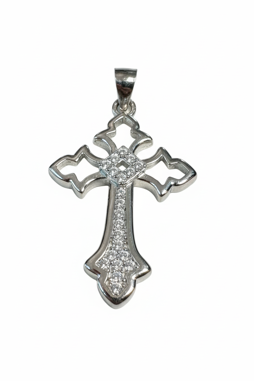 Hollow Point Cross Sterling Silver with Cubic Zirconia Stones