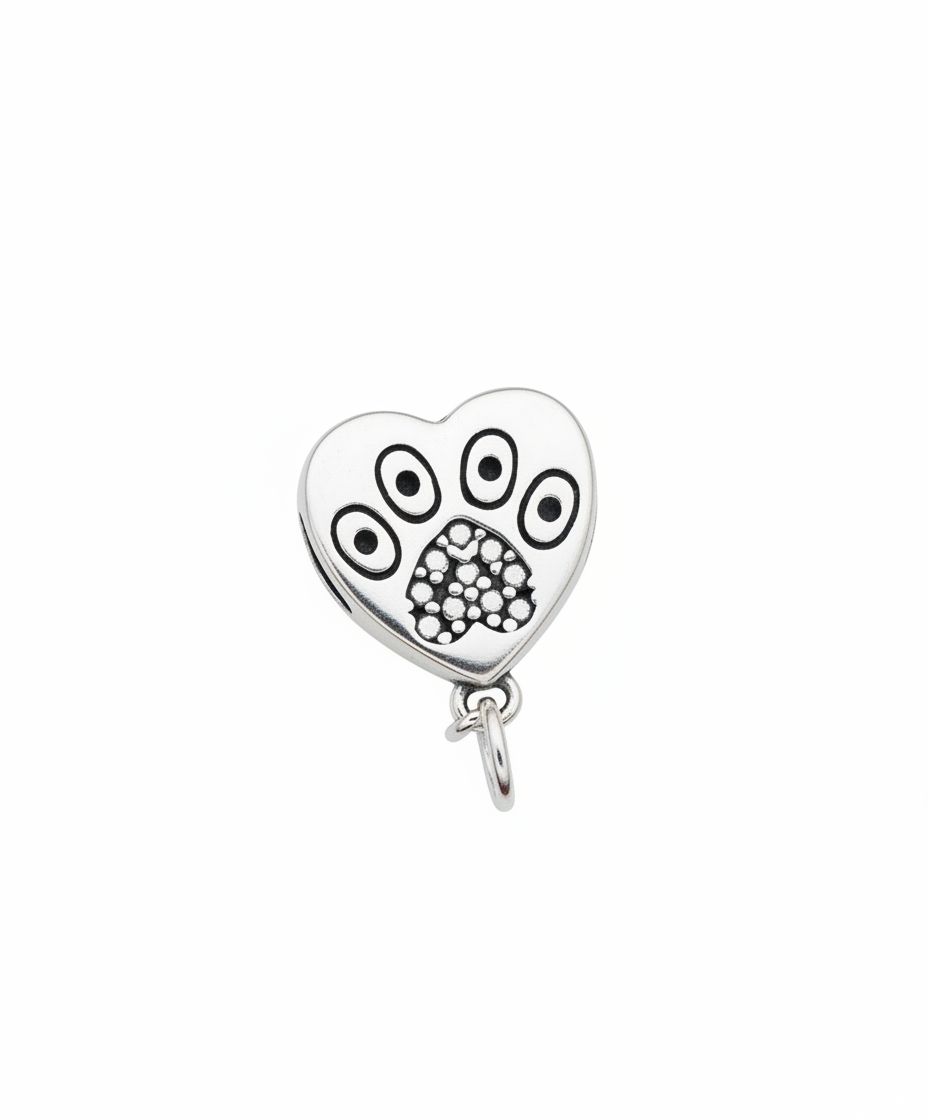 Pandora Compatible Dog Paw Heart Pendant Sterling Silver