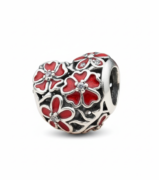 Pandora Compatible Red Flower Heart Pendant Sterling Silver