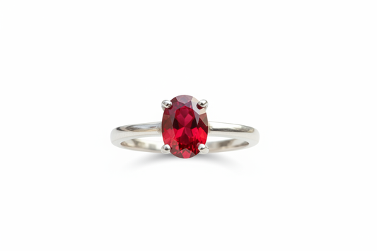 925 Sterling Silver ring with 4 claw ruby color lab grown stone