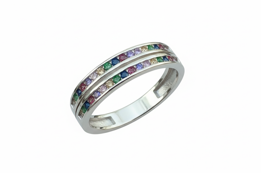 925 Sterling Silver ring with double joined rainbow Cubic Zirconia stones