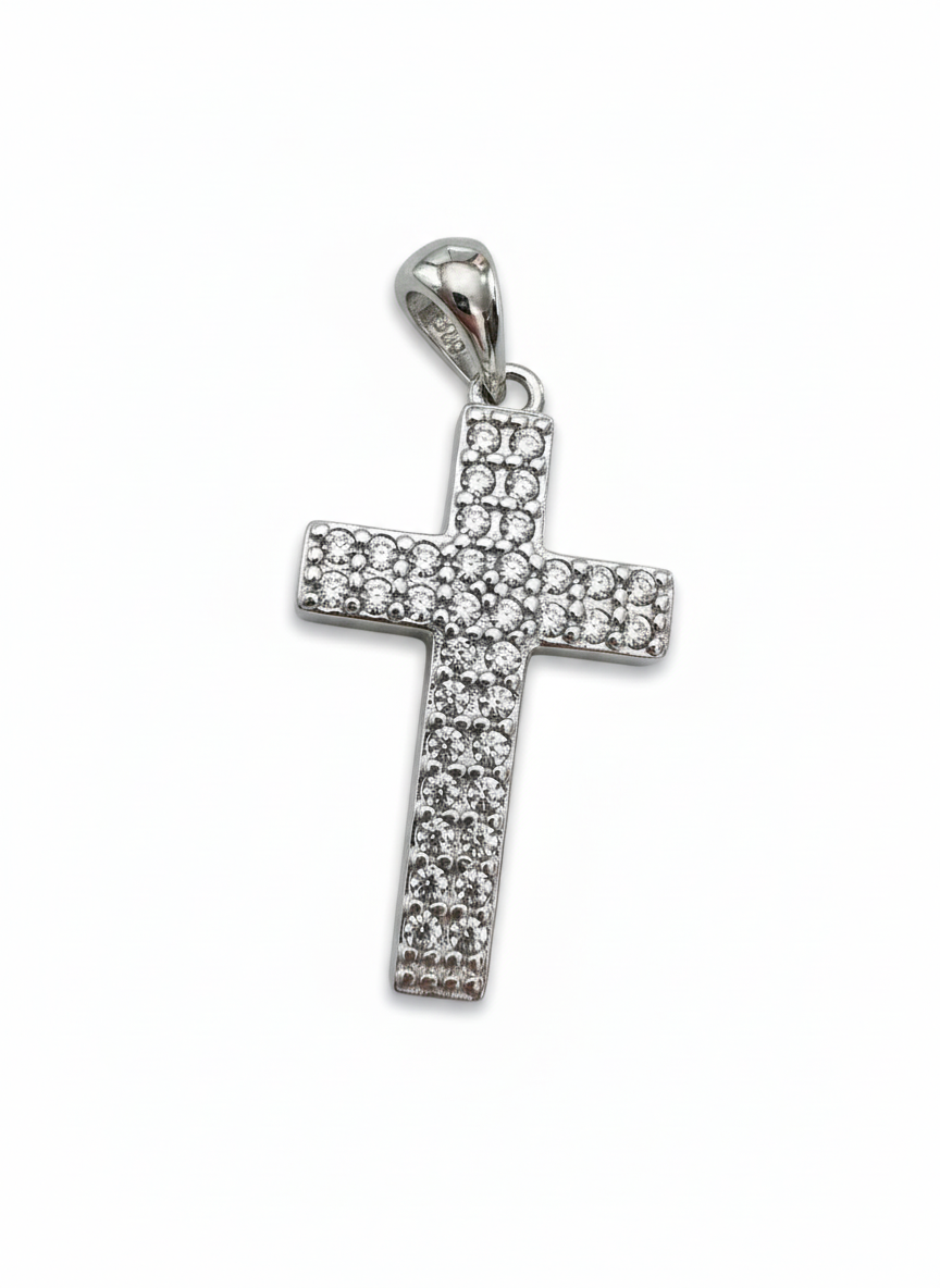 Double Stone Row Cross Pendant Sterling Silver with Cubic Zirconia Stones