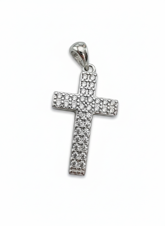 Double Stone Row Cross Pendant Sterling Silver with Cubic Zirconia Stones