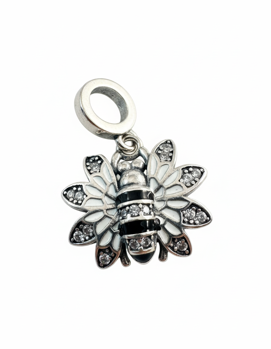 Pandora Compatible Striped Bee Pendant Sterling Silver