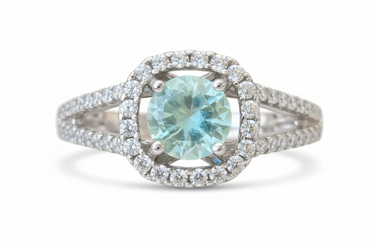 925 Sterling Silver halo Cubic Zirconia stones and Topaz lab grown middle stone