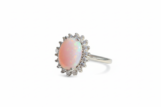 925 Sterling Silver Pink Opal Ring with Cubic Zirconia stones