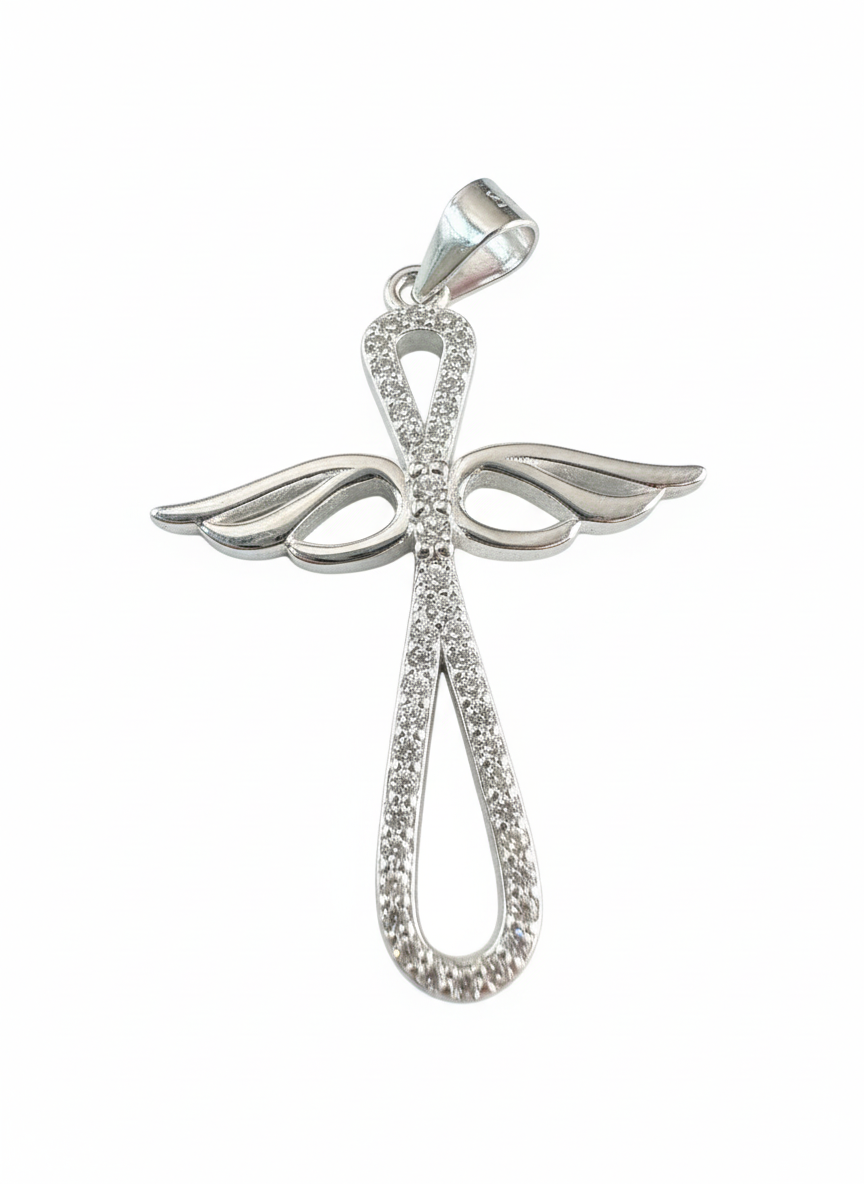 Infinity Angel Wing Cubic Cross Sterling Silver Pendant